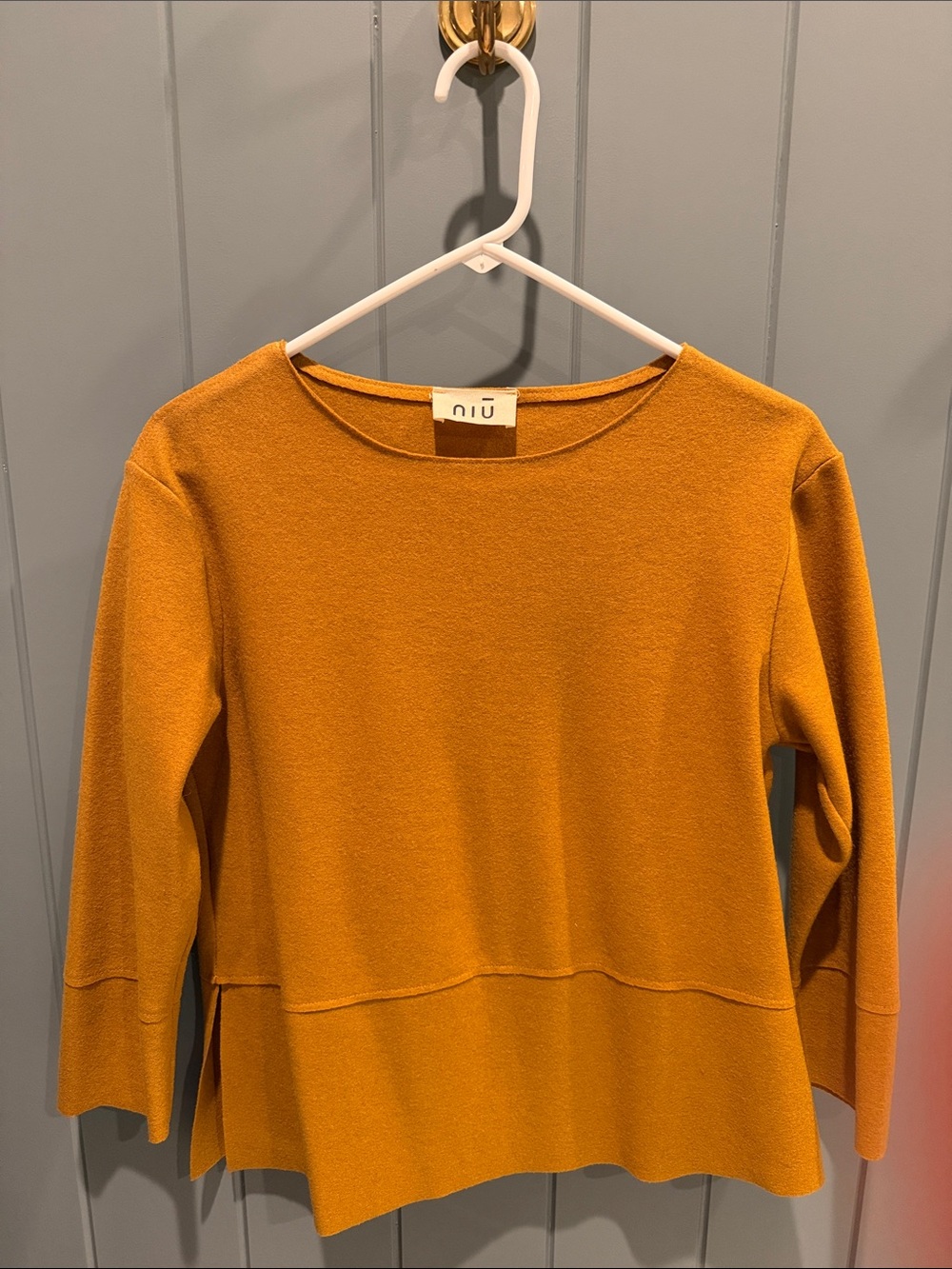 Wool Blend Long-Sleeve Crewneck Top in Mustard